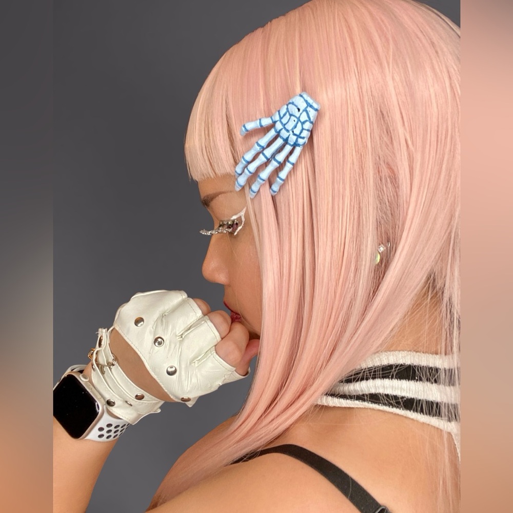 Custom Hand Painted Ghastly Corpse Blue Skeleton Bone Hands Hairclips